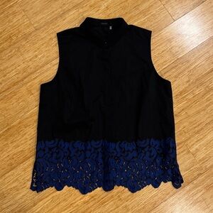 NWT Tahari black sleeveless button up blouse with blue lace